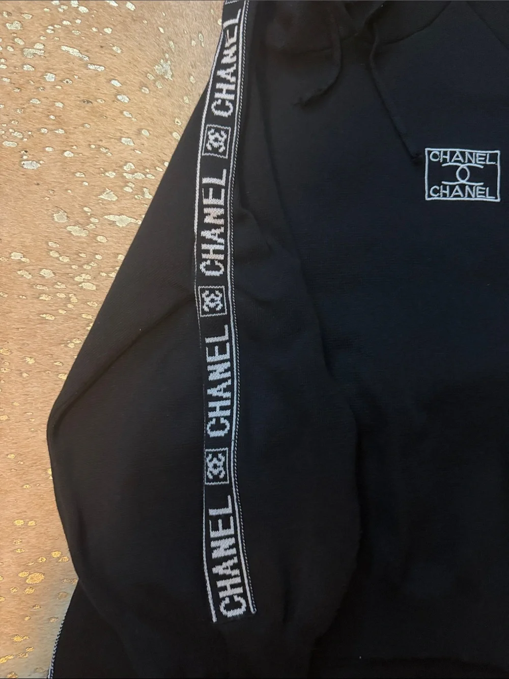 CHANEL Black Logo Tape Hoodie & Joggers Sweater Set